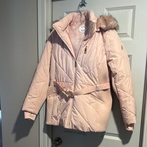 Pink Quilted Jacket with Fur Trim